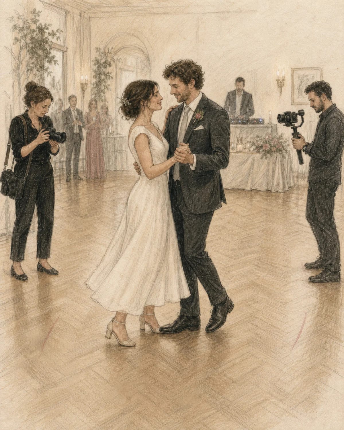 Illustrazione di una coppia che prova il primo ballo mentre fotografa e videomaker concordano due posizioni discrete