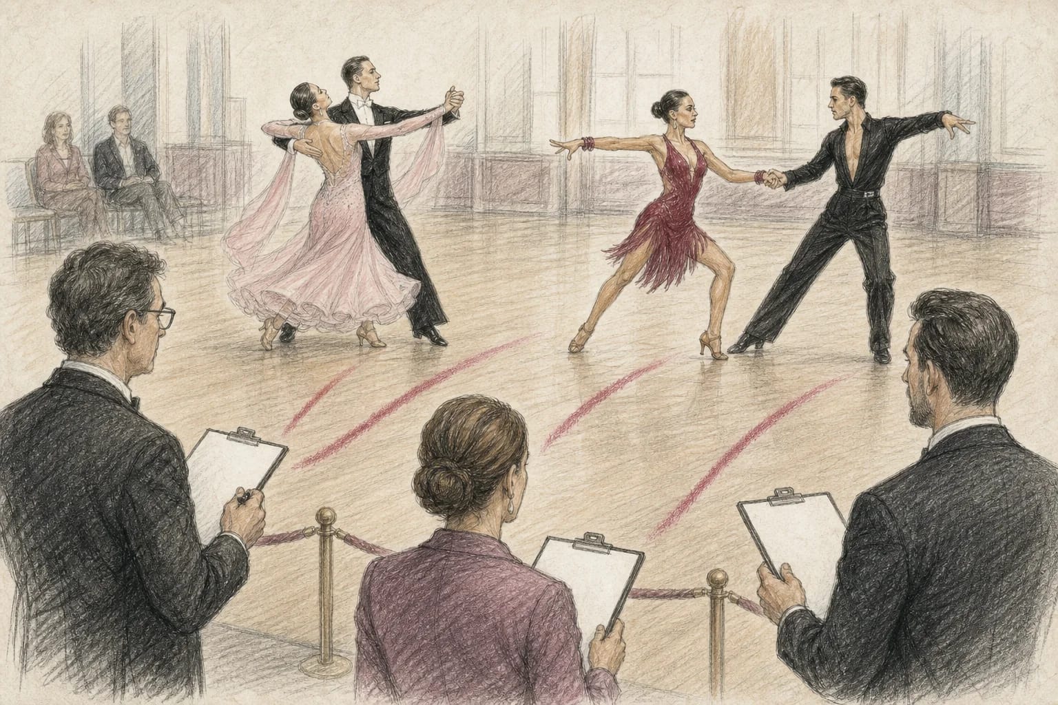 Illustrazione di una coppia Standard e una coppia Latino-Americana osservate da tre giudici