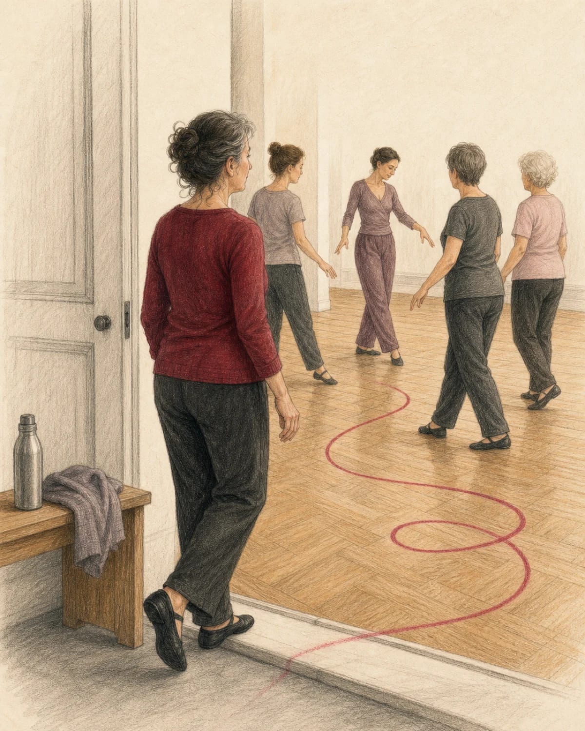 Illustrazione di una principiante adulta che entra in sala per la sua prima lezione di ballo