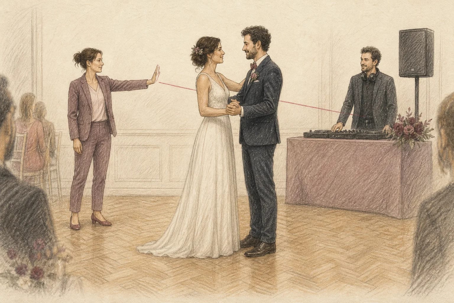 Illustrazione di una coppia pronta a iniziare il primo ballo dopo il segnale del DJ