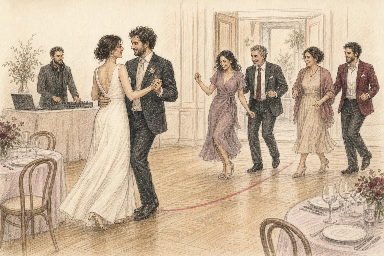 Illustrazione di alcuni invitati che raggiungono la coppia in pista mentre il DJ cambia brano