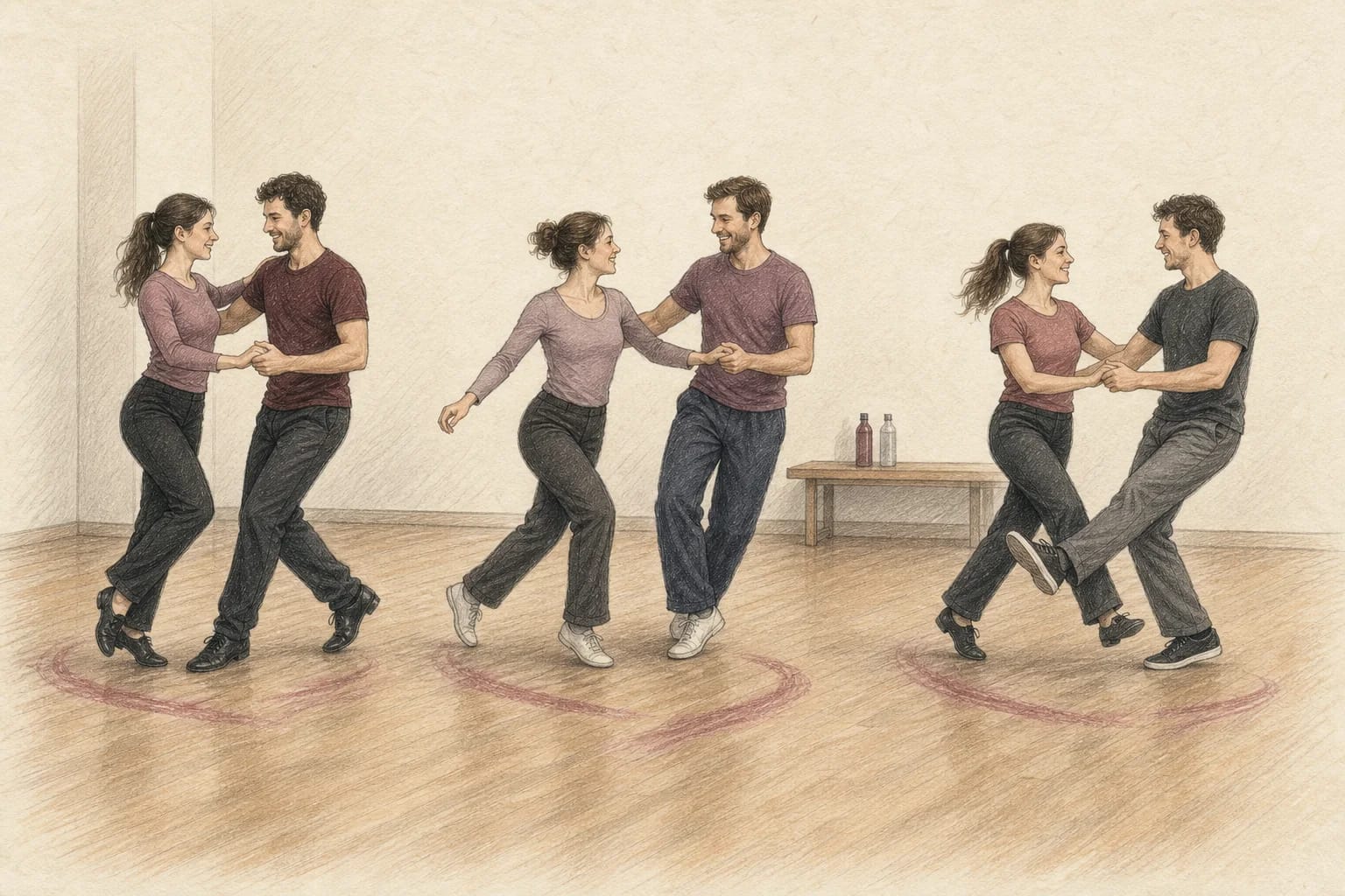 Illustrazione di tre diverse qualità di movimento fra Jive, Swing e Rock'n'Roll
