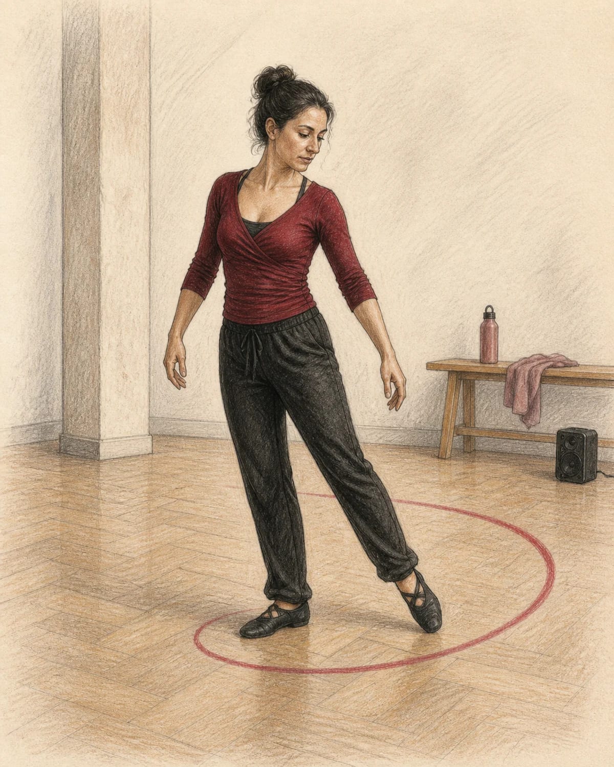 Illustrazione di una donna che prova un cambio di peso latino senza partner