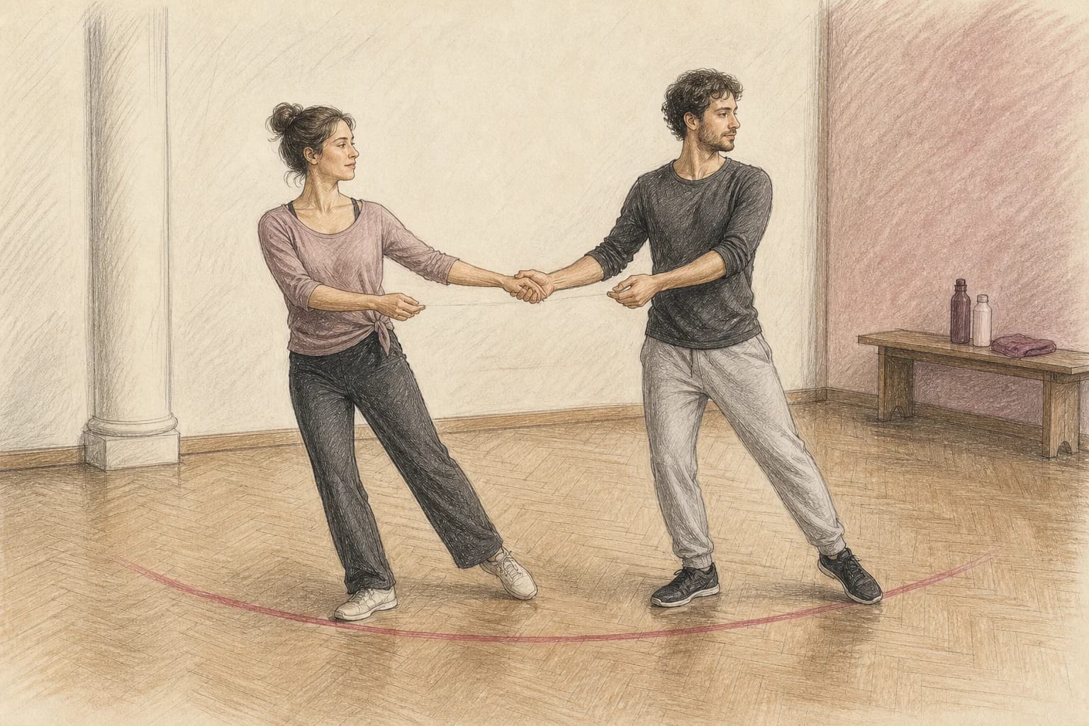 Illustrazione di una coppia che prova lead e follow con equilibrio e spazio personale