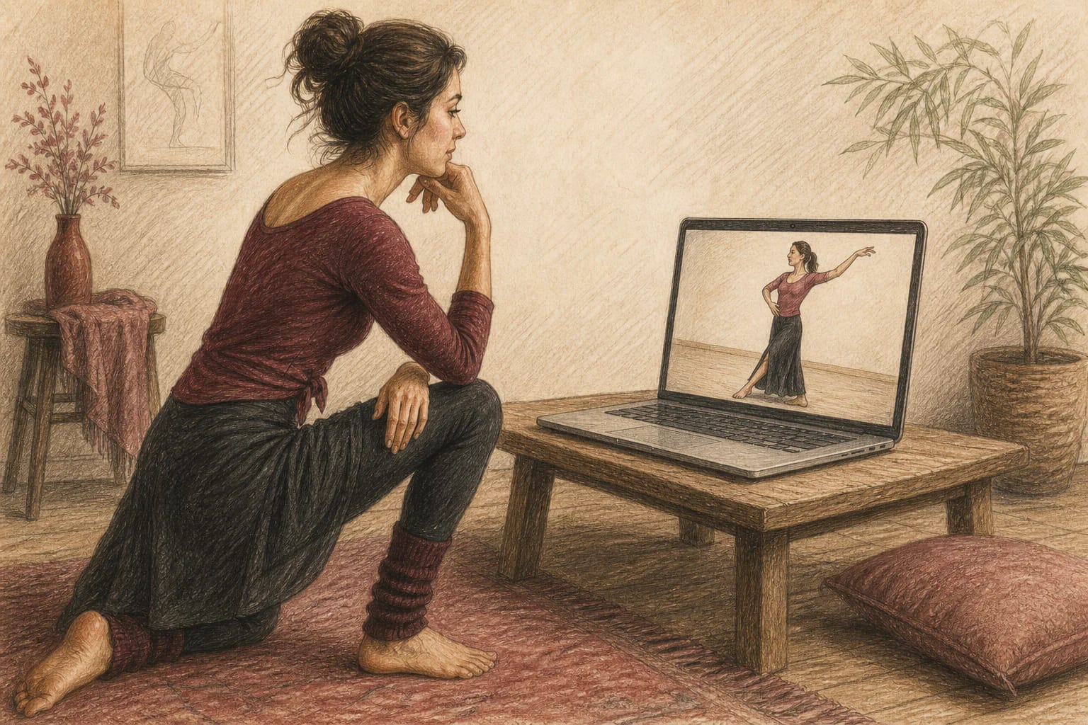 Illustrazione di un’insegnante che osserva il movimento di un’allieva durante una videochiamata