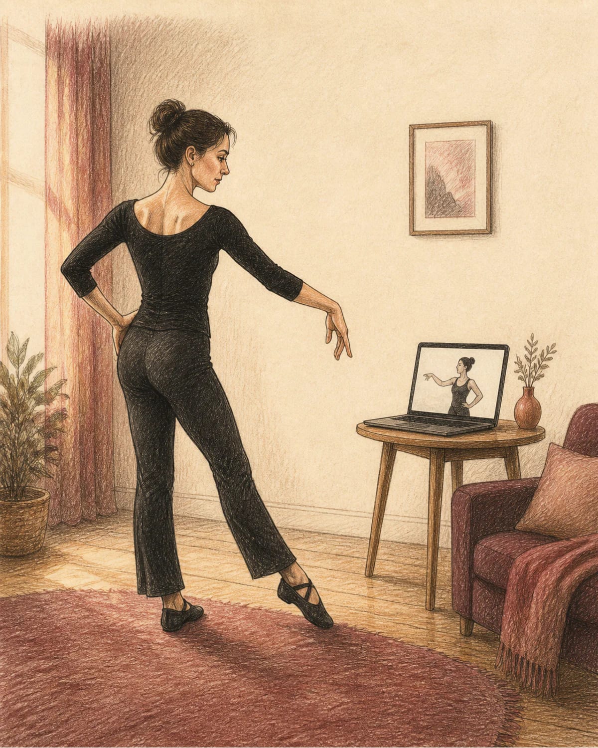 Illustrazione di una lezione privata di ballo online con insegnante e allieva collegate in video