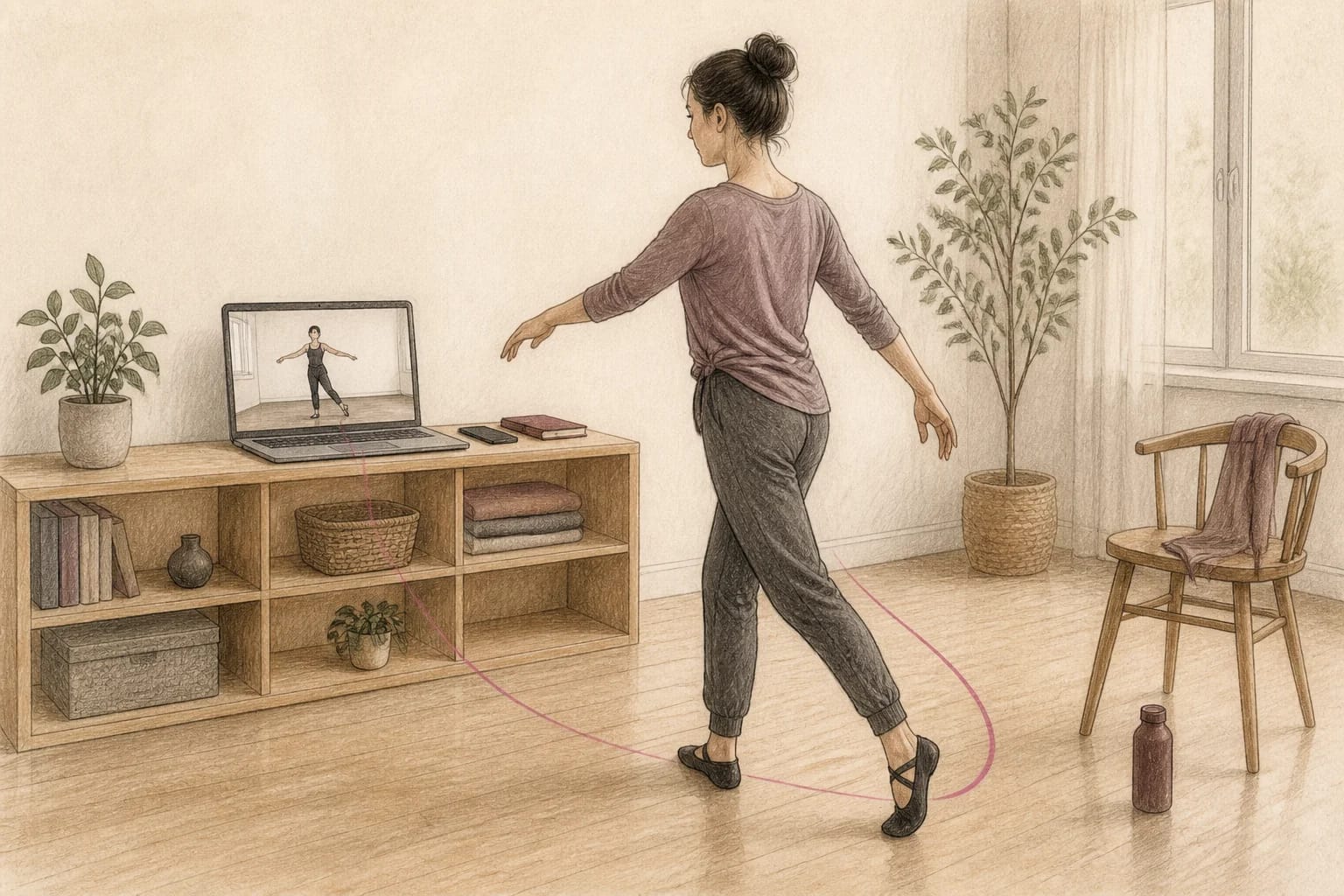 Illustrazione di una lezione di ballo online seguita da casa