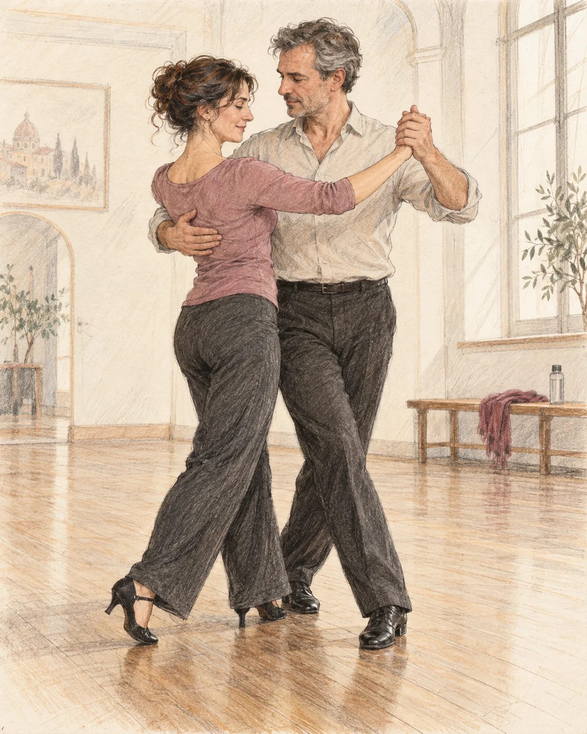 Illustrazione di una coppia adulta che balla in una sala luminosa con passi contenuti