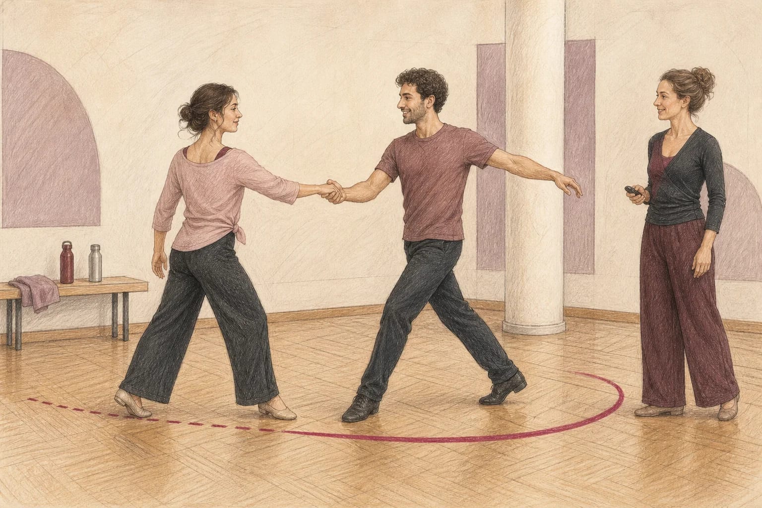 Illustrazione di una coppia che prova due parti musicali collegate dello stesso primo ballo
