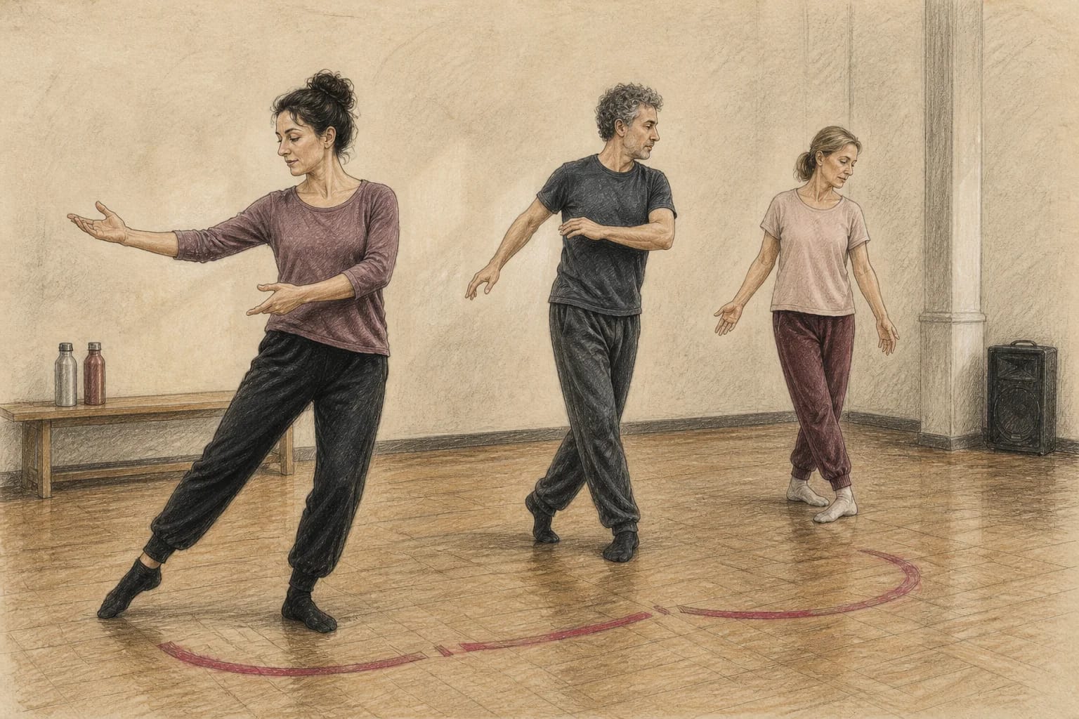 Illustrazione di tre adulti che ripassano brevi blocchi di una coreografia