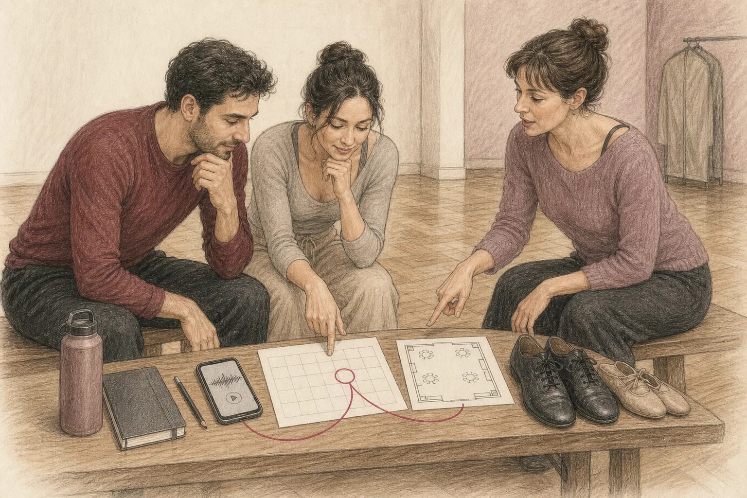 Illustrazione di una coppia che pianifica musica, spazio e scarpe per il primo ballo