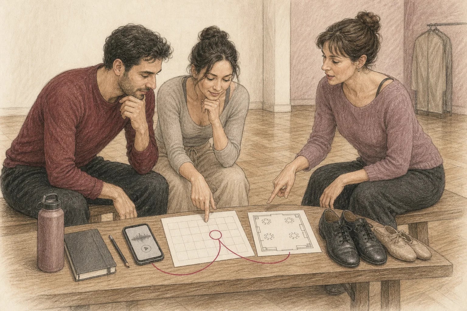Illustrazione di una coppia che pianifica canzone, spazio e prove del primo ballo con un’insegnante