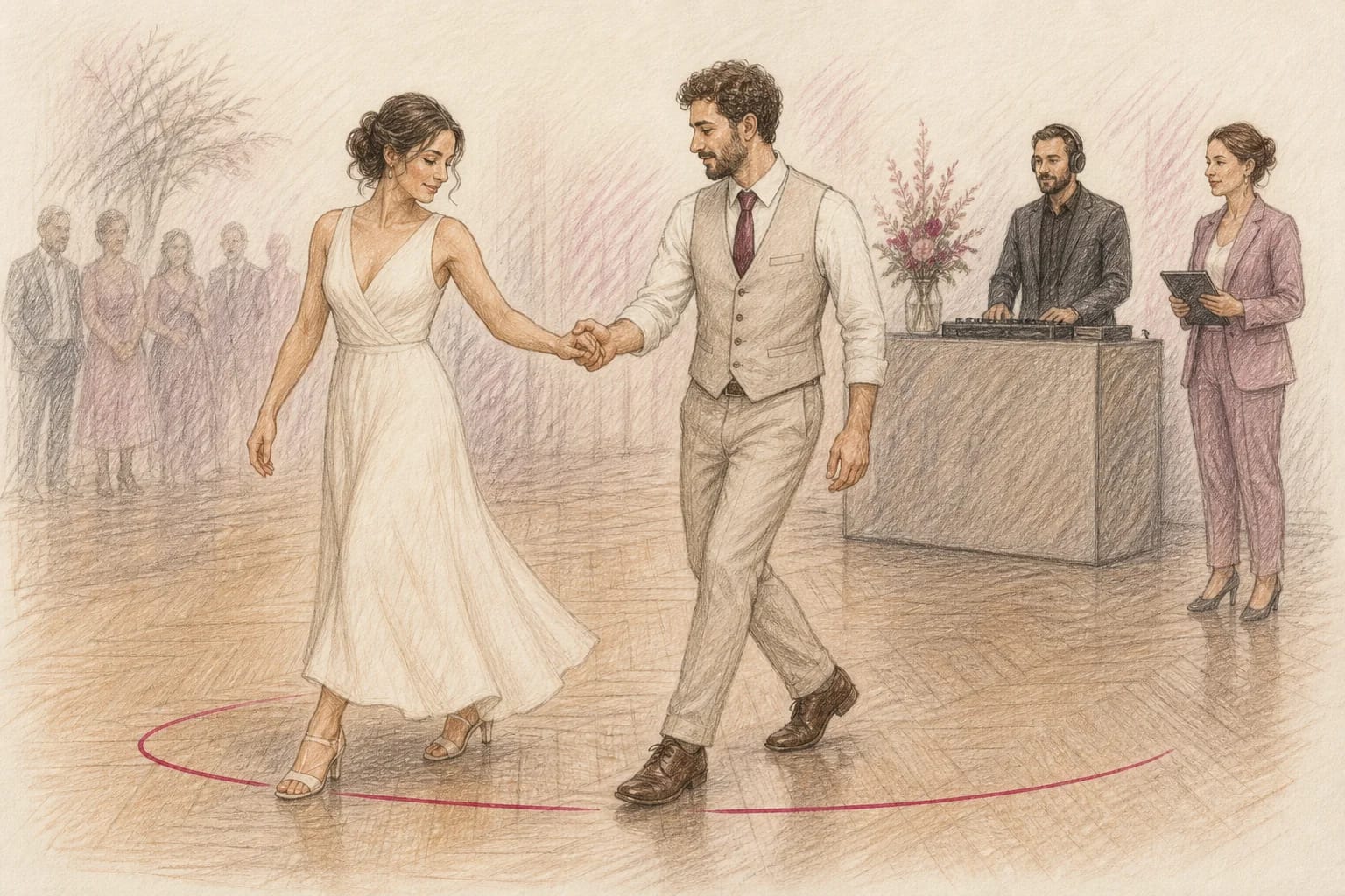 Illustrazione di una coppia che torna al movimento base mentre il DJ segue il piano concordato