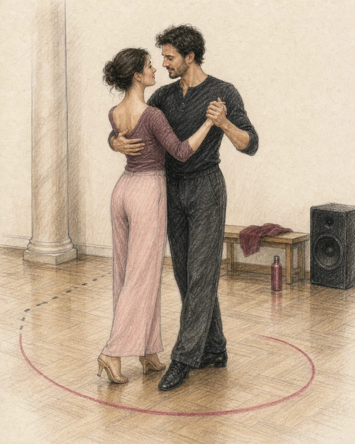 Illustrazione di una coppia che recupera con calma il contatto dopo un errore nel primo ballo