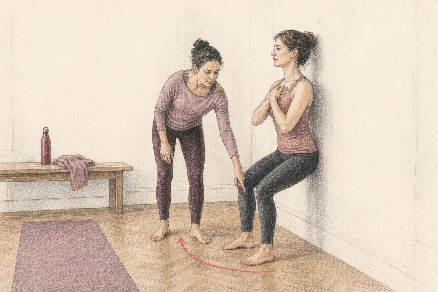 Illustrazione di un esercizio di Pilates in piedi con appoggio alla parete