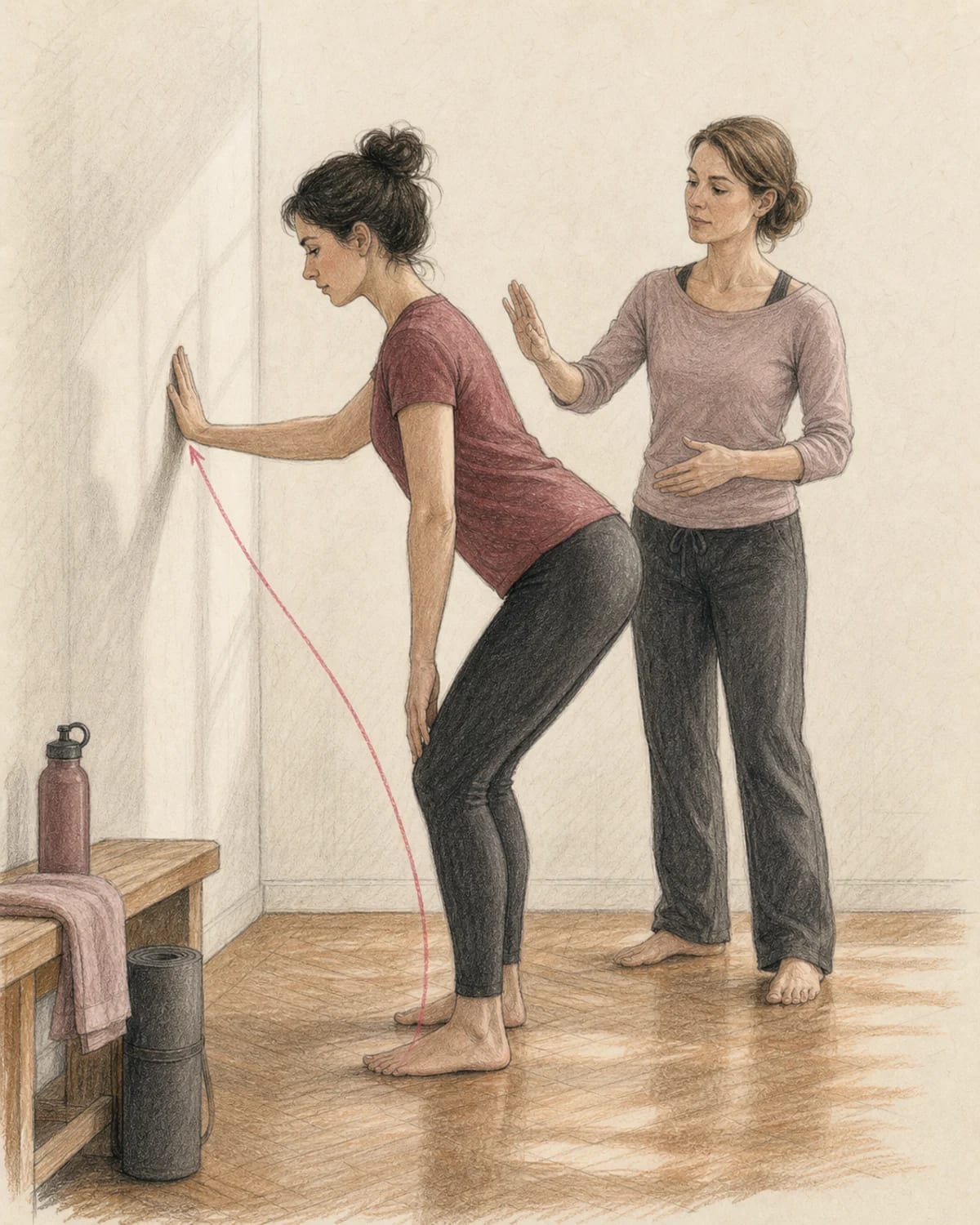 Illustrazione di una principiante che usa una parete come riferimento durante un esercizio di Pilates