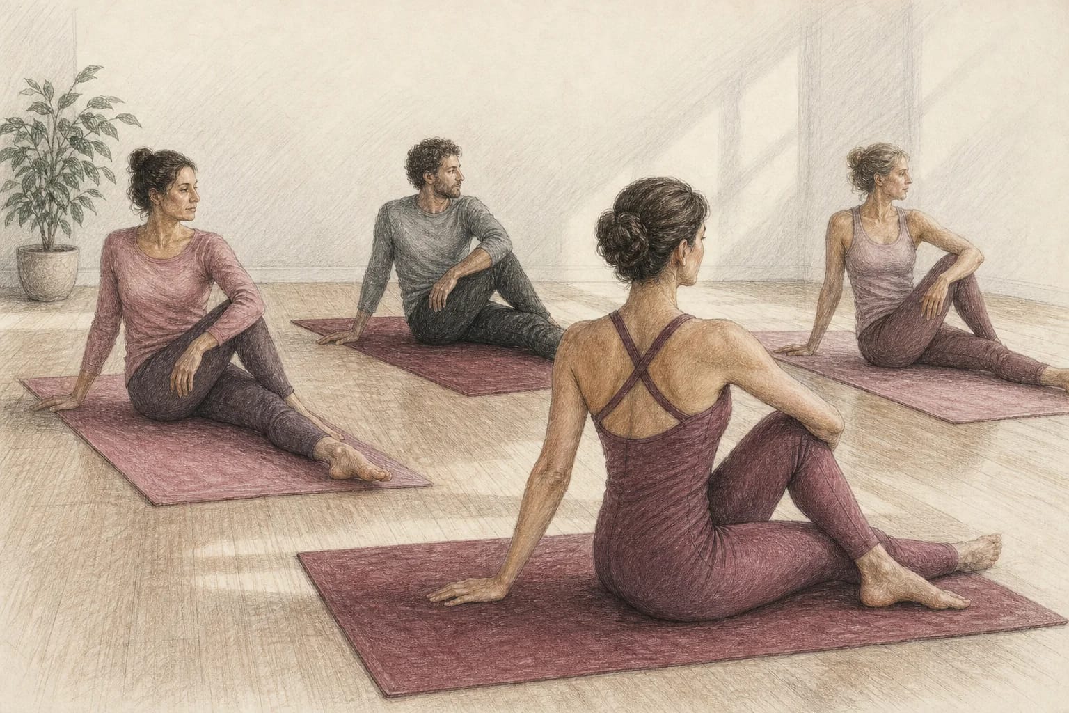 Illustrazione di un tappetino e un Reformer usati per due esercizi Pilates controllati