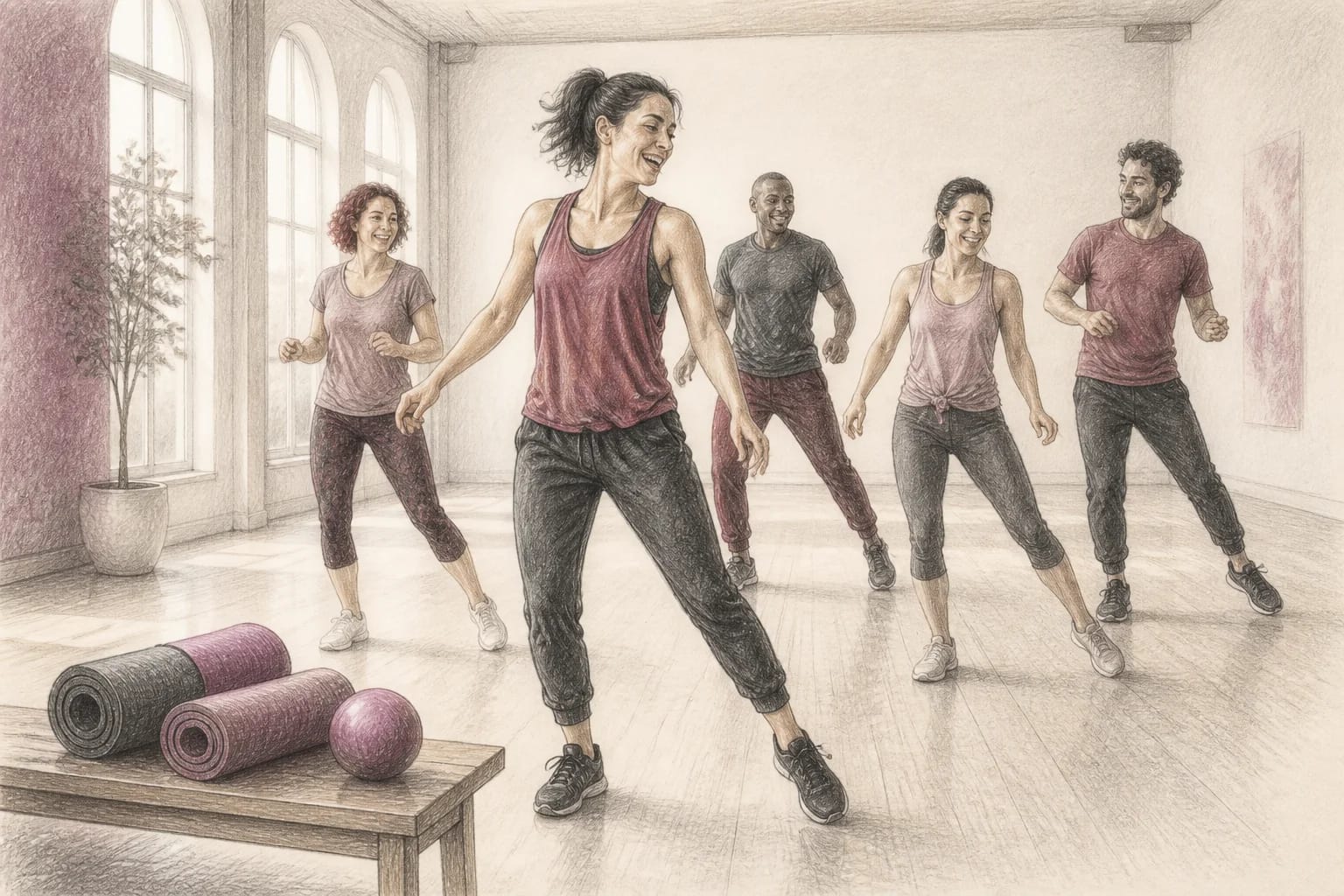 Illustrazione di due gruppi impegnati in Pilates sul tappetino e Zumba in piedi