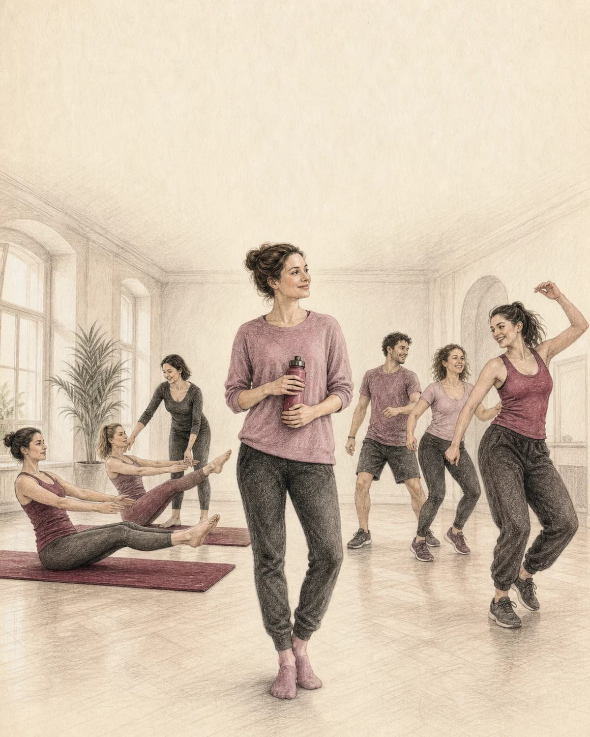 Illustrazione di una donna che confronta una lezione controllata di Pilates e una lezione musicale di Zumba