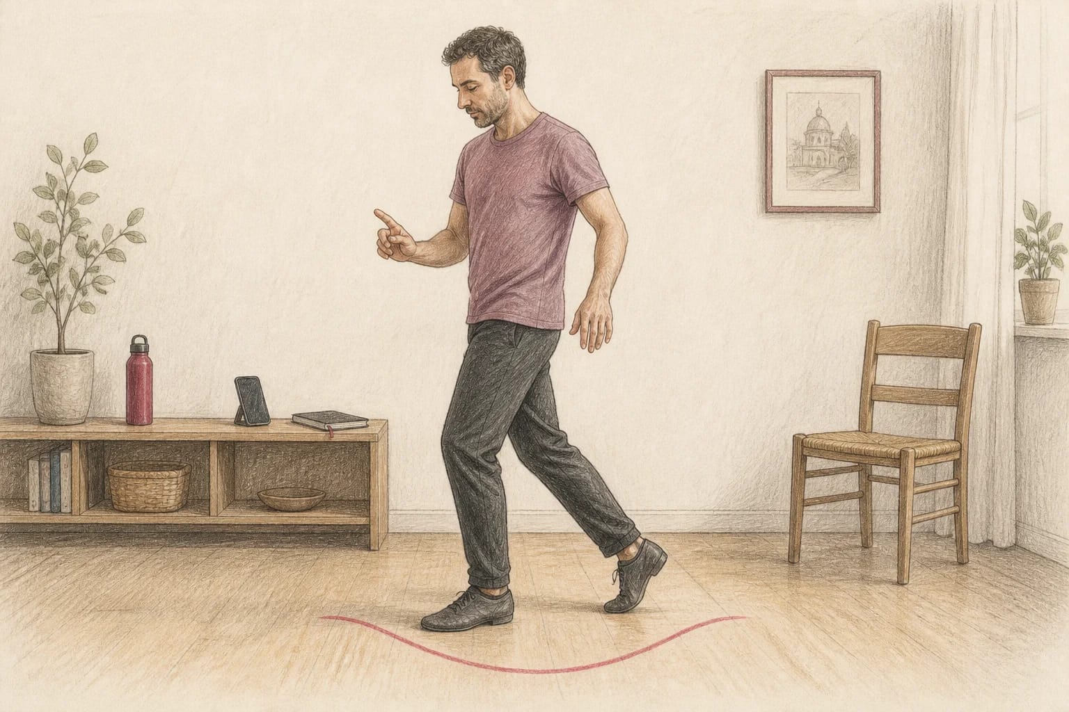 Illustrazione di una principiante che prova ritmo e trasferimento del peso in un piccolo spazio libero