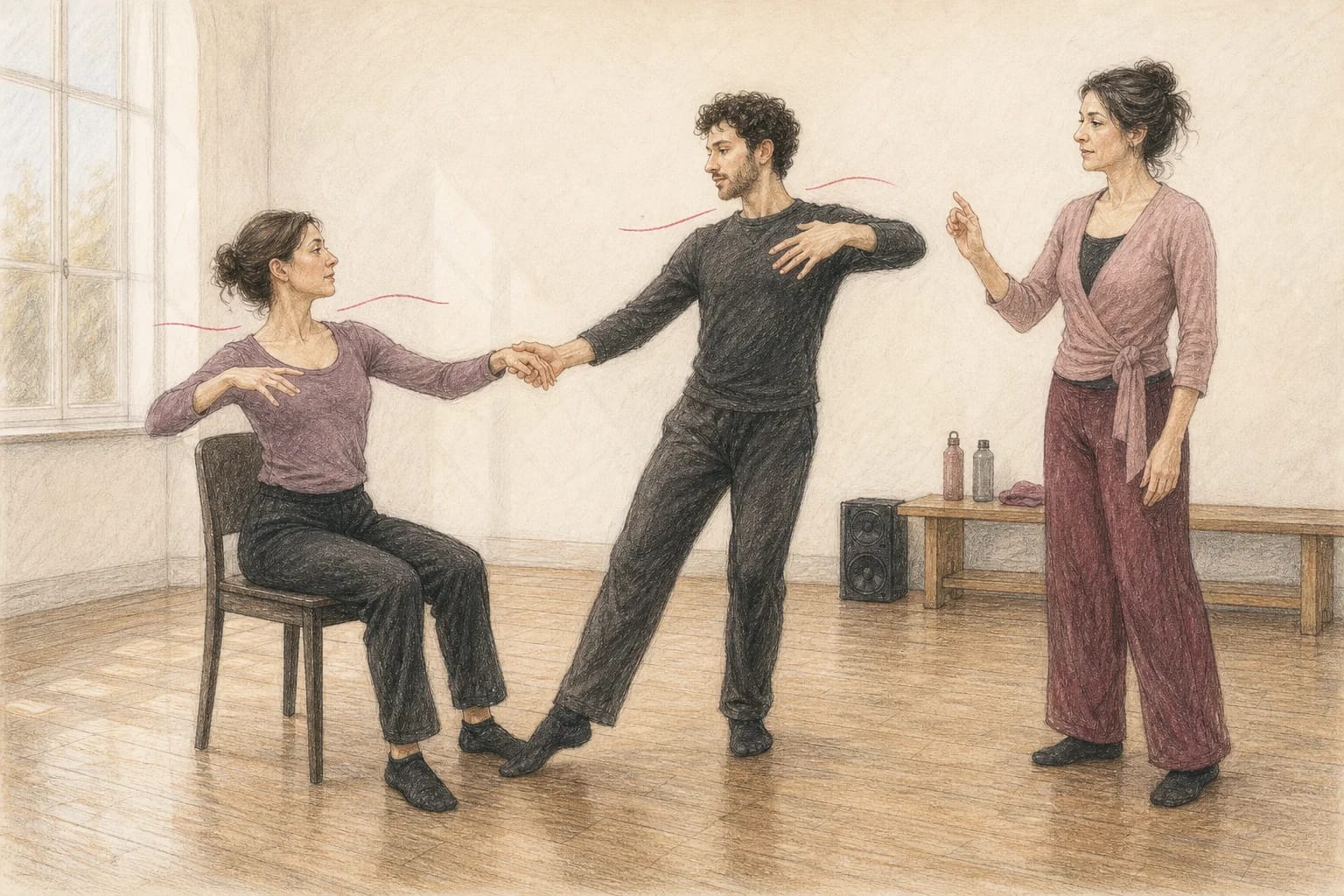 Illustrazione di due partner che provano una danza adattata alla loro mobilità con un’insegnante