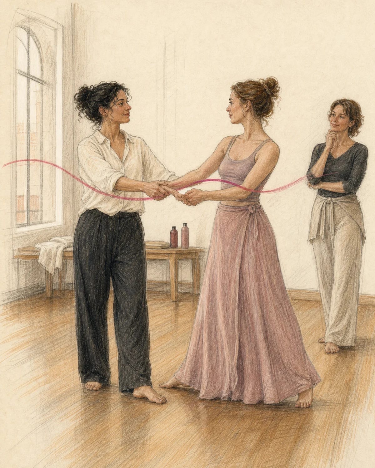 Illustrazione di due spose che provano il primo ballo scegliendo insieme direzione e contatto