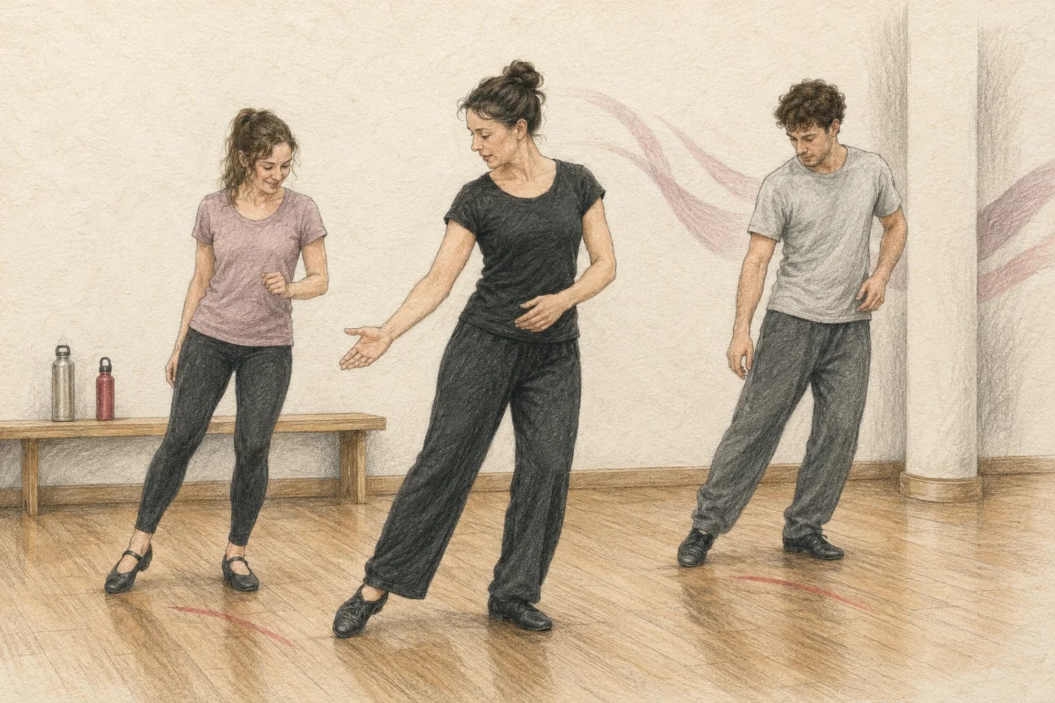 Illustrazione di un’insegnante che guida due principianti nel primo esercizio di ballo