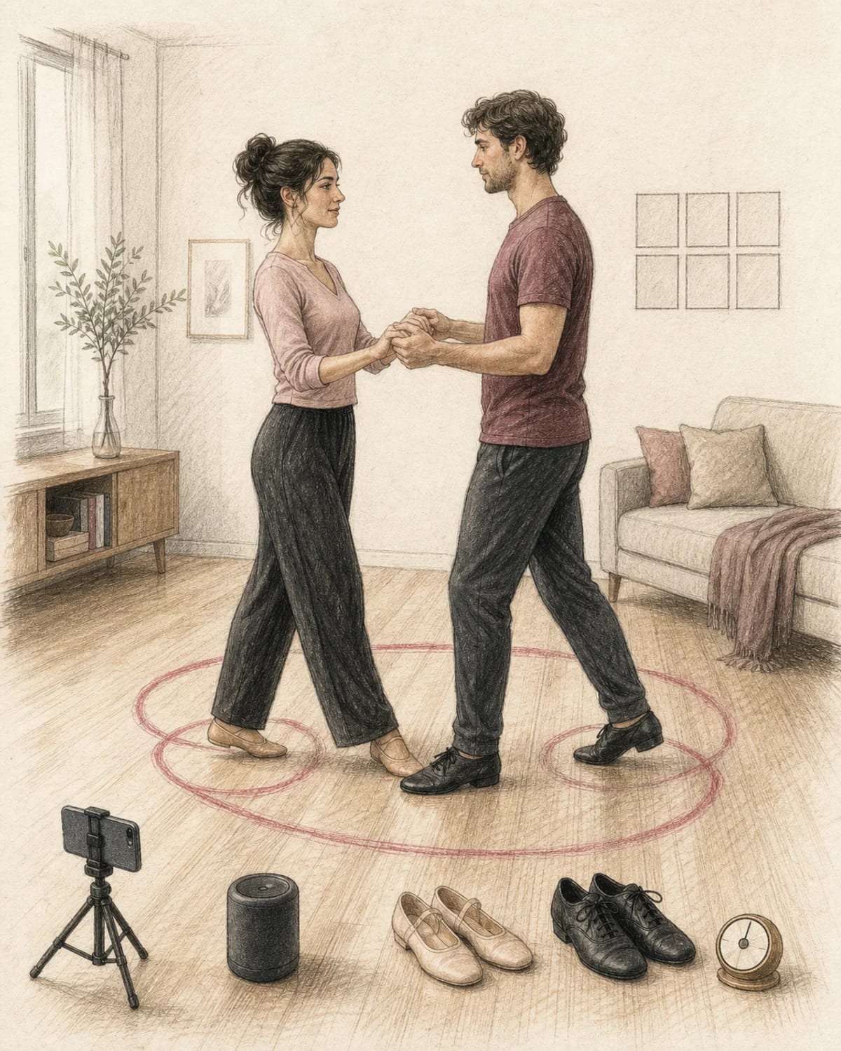 Illustrazione di una coppia che prova il primo ballo a casa con un calendario semplice