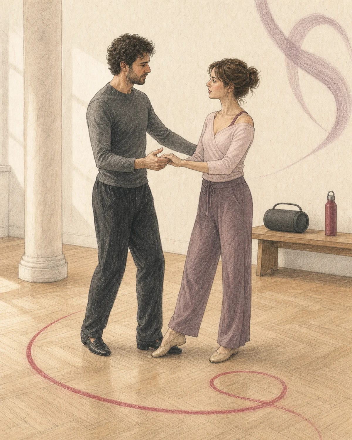 Illustrazione di una coppia che prova un movimento e valuta quale stile scegliere per il primo ballo