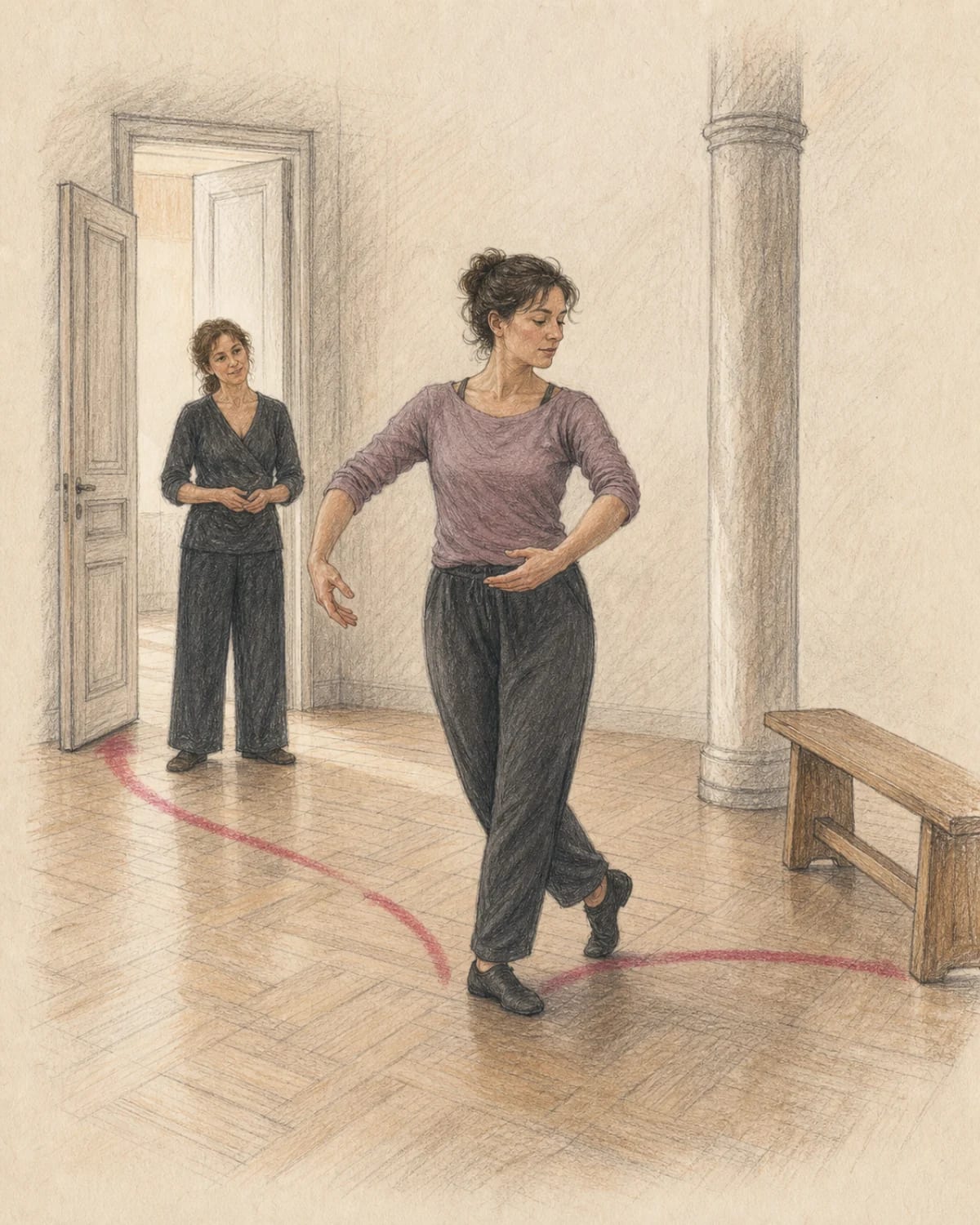 Illustrazione di una ballerina che ricostruisce una coreografia attraverso pochi punti di riferimento