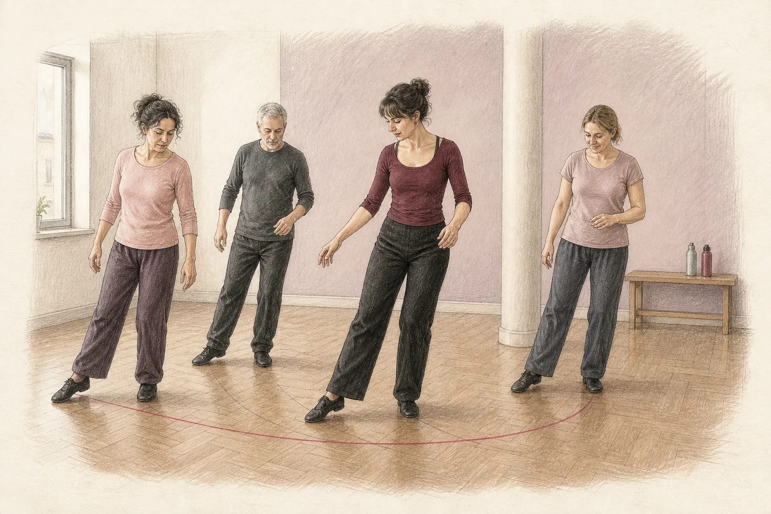Illustrazione di una principiante che ritrova il passo durante una lezione di ballo