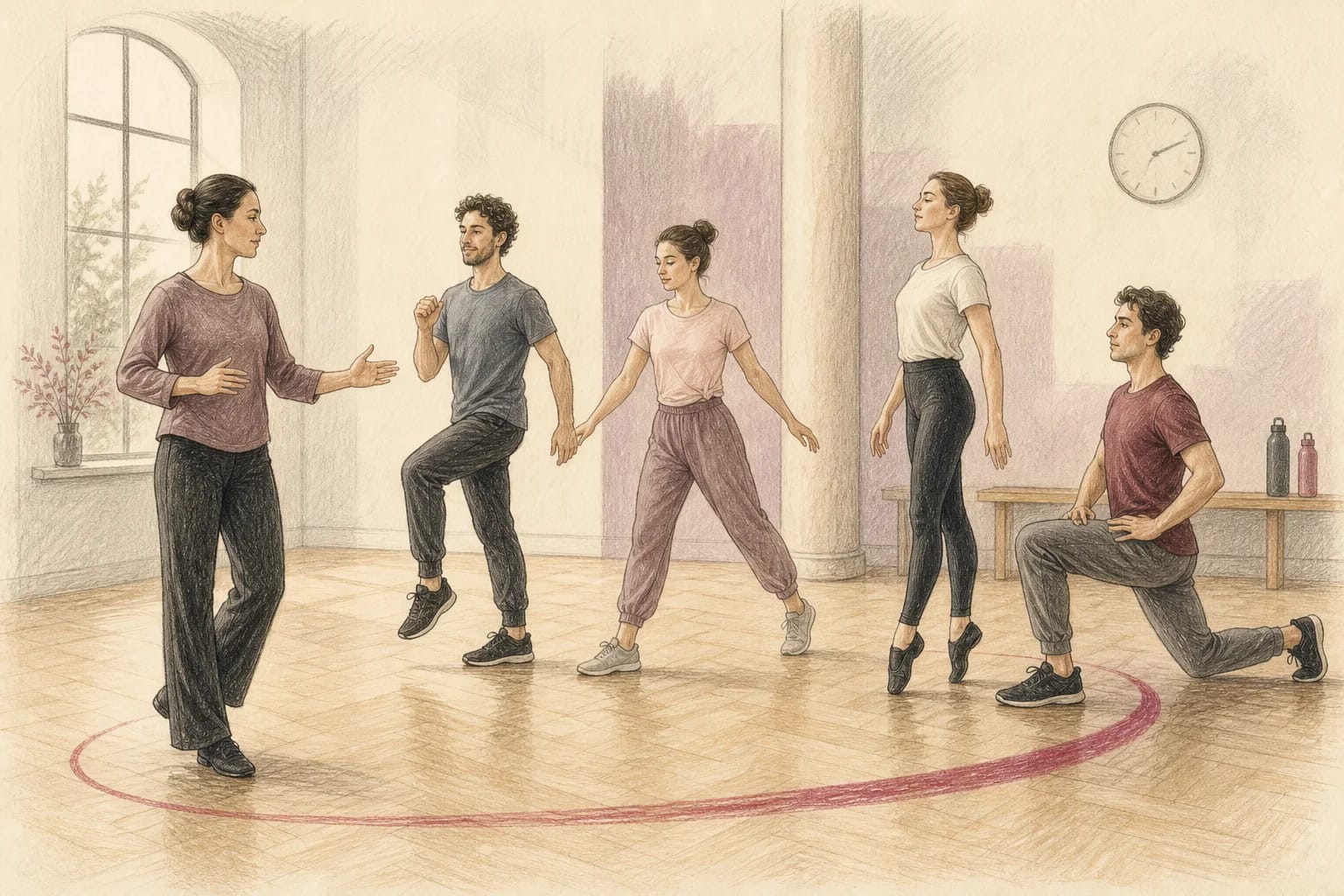 Illustrazione di adulti durante un riscaldamento progressivo prima di ballare