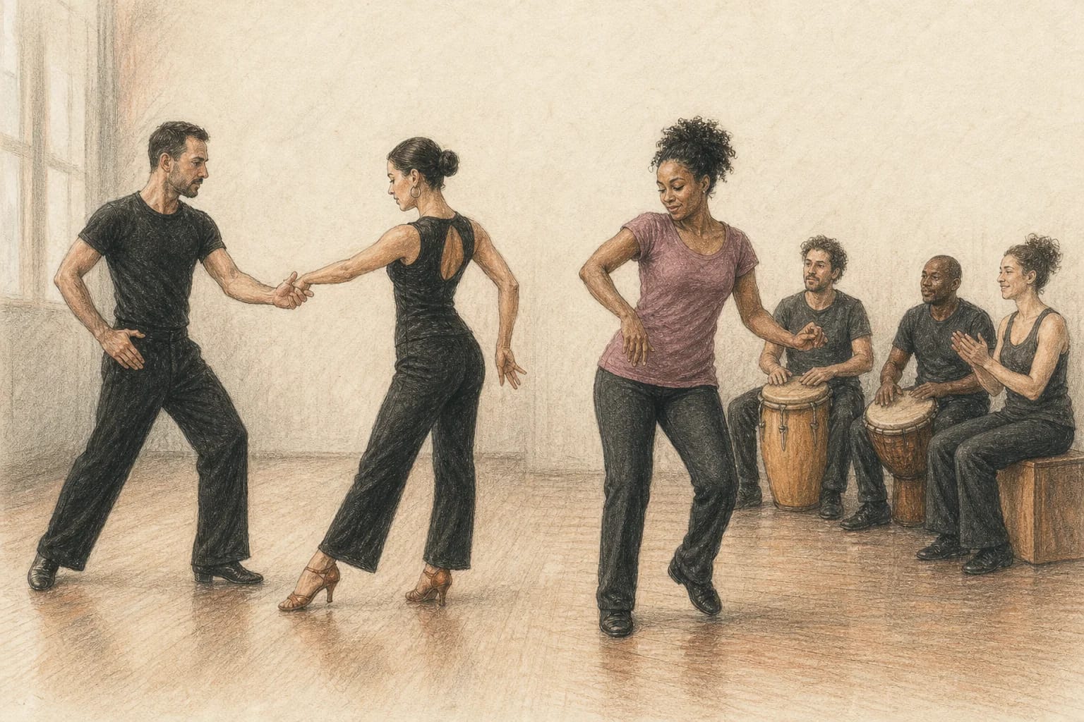 Illustrazione di due contesti distinti della Rumba sportiva e della rumba cubana