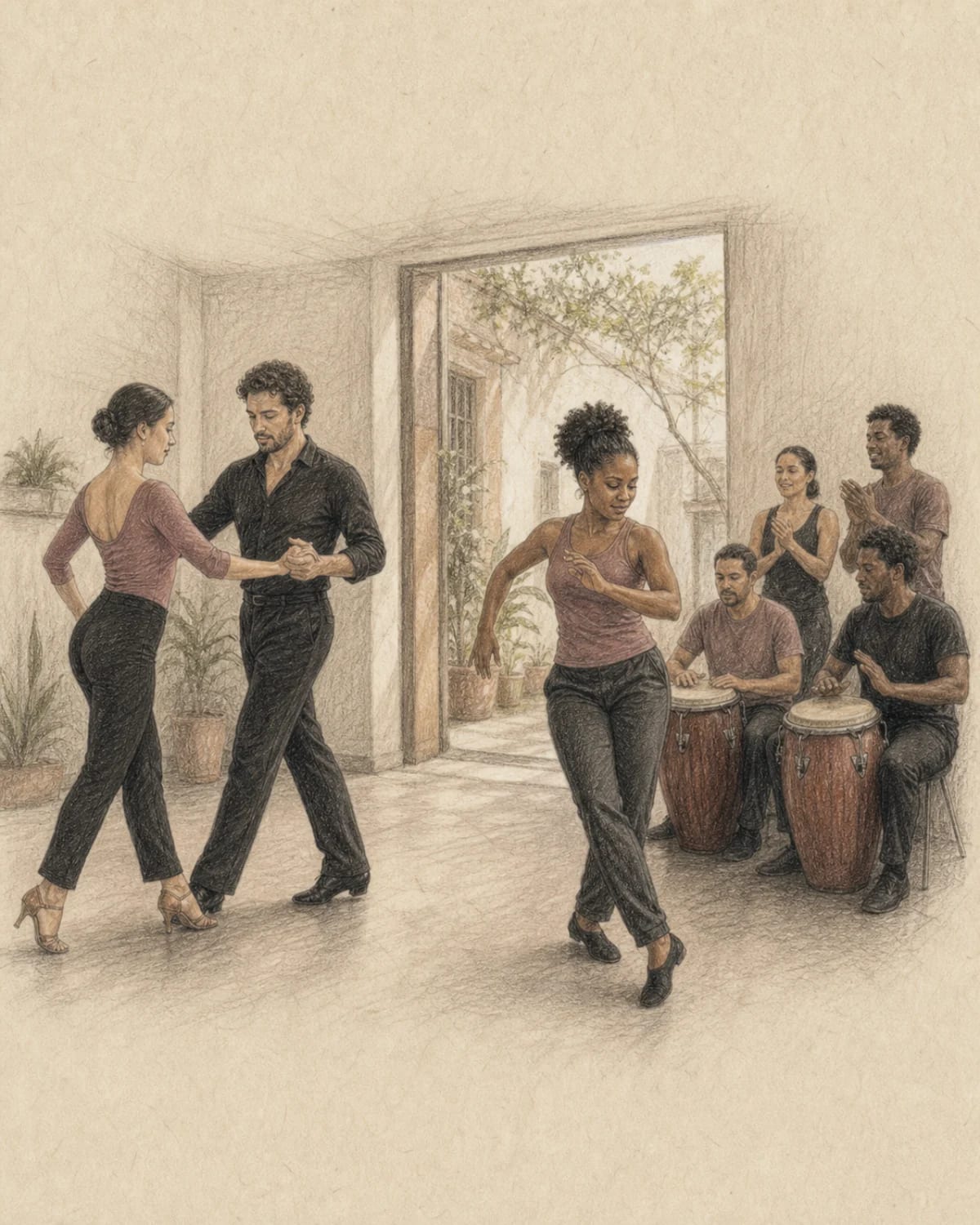 Illustrazione di una coppia di Rumba sportiva e di una pratica afrocubana con percussionisti in contesti separati