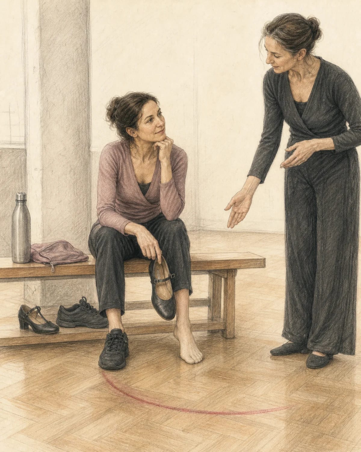 Illustrazione di una principiante che valuta la prima scarpa da ballo con un insegnante