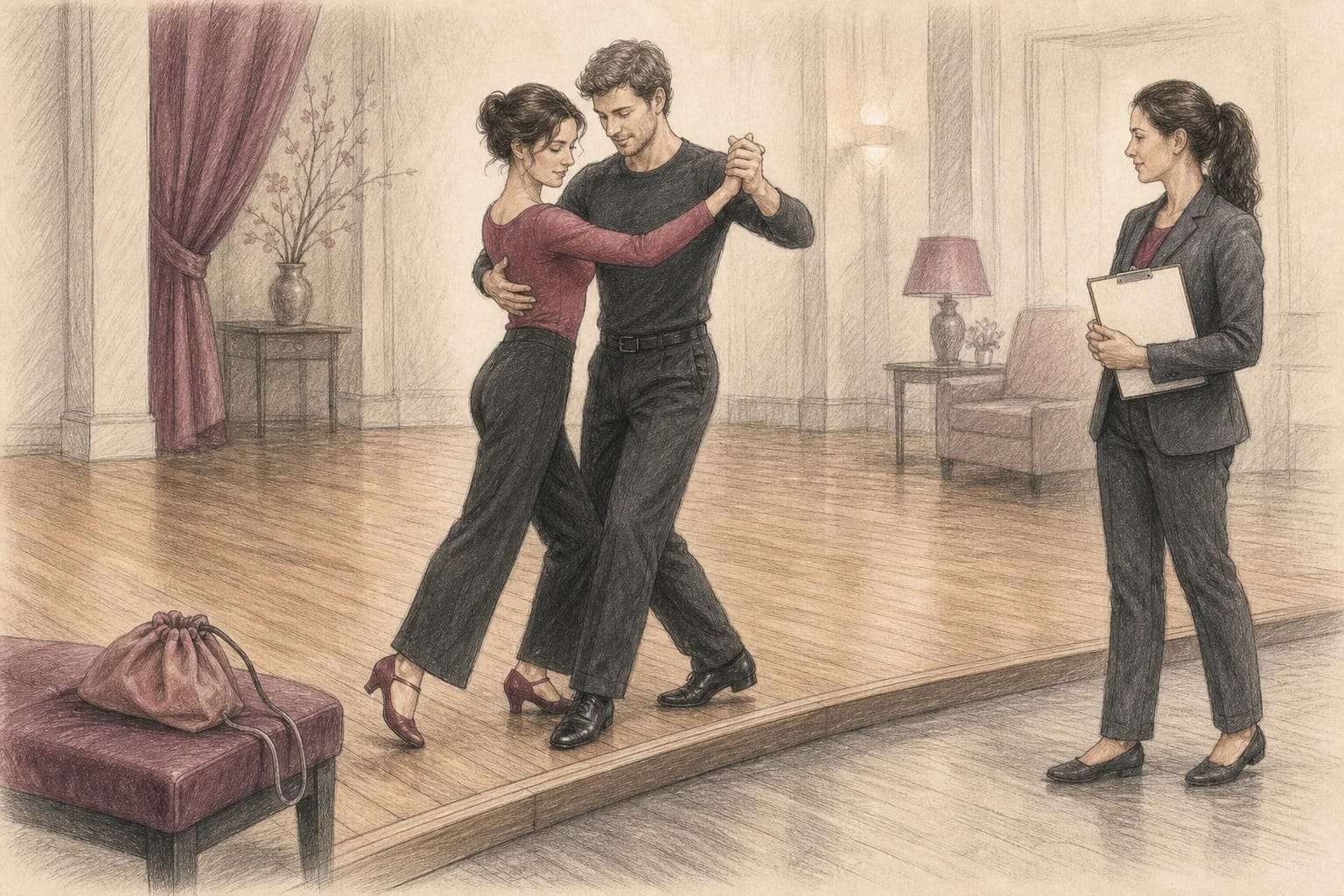 Illustrazione di scarpe da cerimonia provate su parquet e su una pedana da ricevimento
