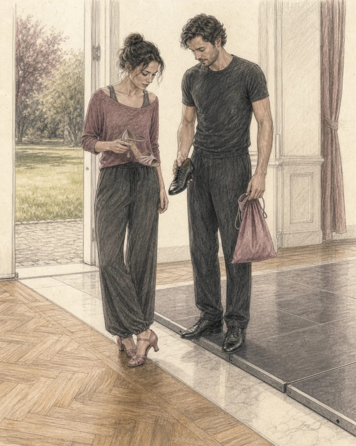 Illustrazione di una coppia che confronta le scarpe del primo ballo su diversi pavimenti