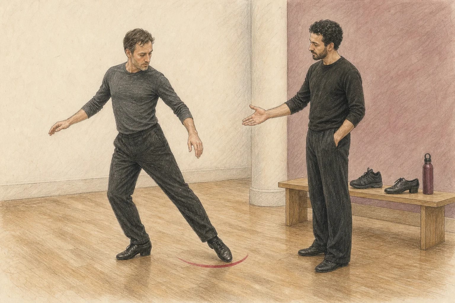 Illustrazione di un principiante che prova una scarpa da ballo sul parquet
