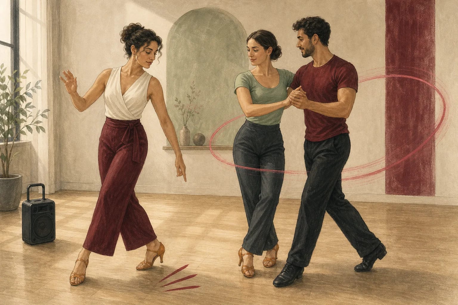 Illustrazione di una lezione di Salsa accanto a una dimostrazione di Danze Latino Americane