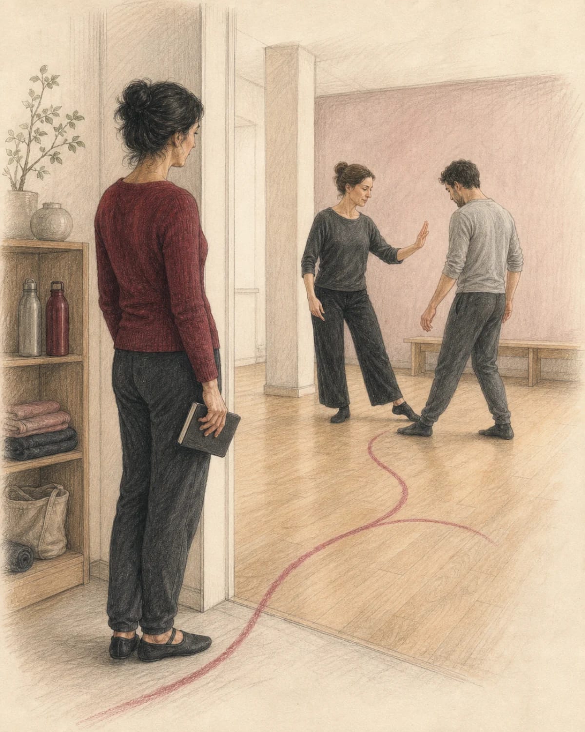 Illustrazione di una principiante che osserva una lezione prima di scegliere la scuola di ballo