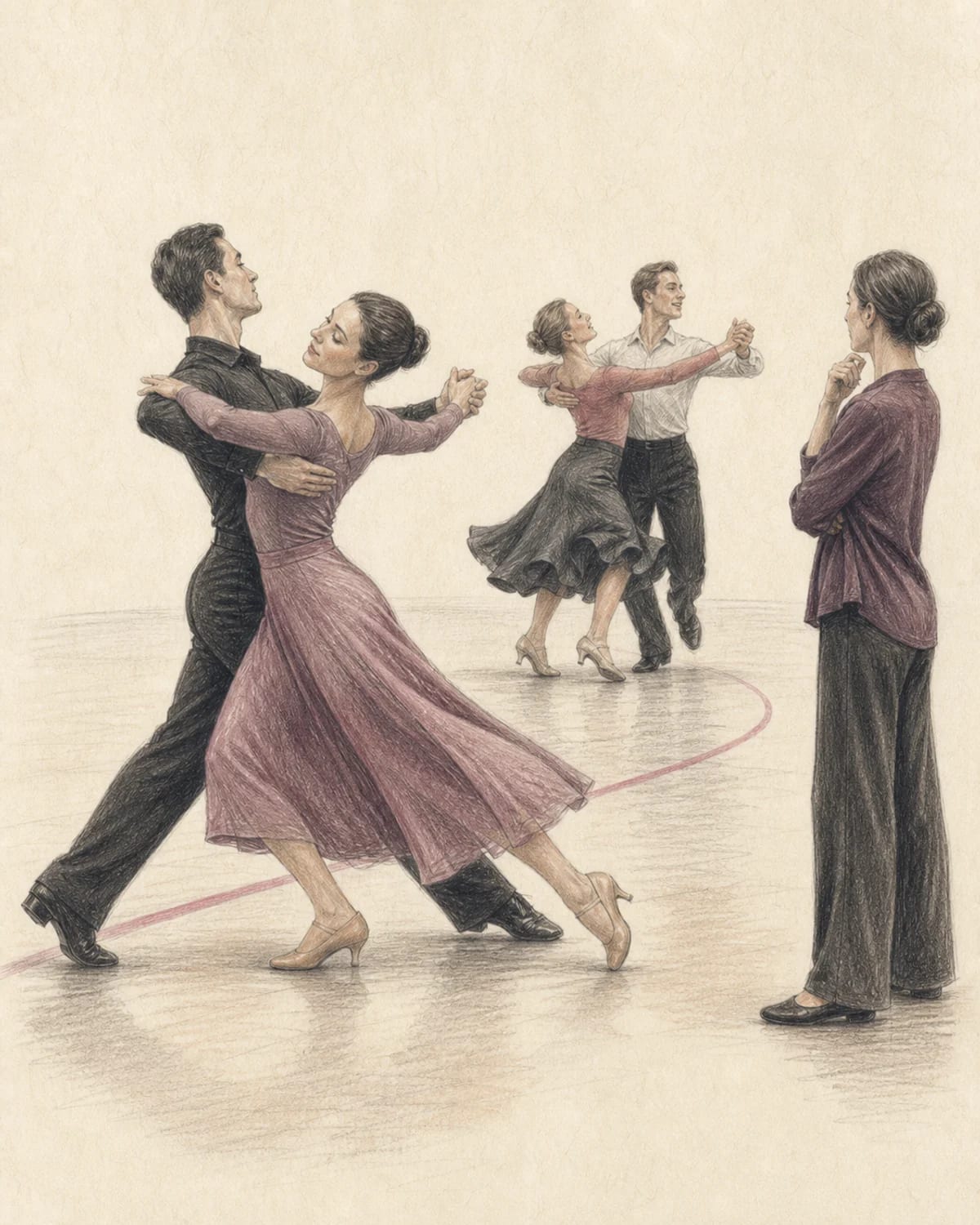 Illustrazione di due coppie che confrontano il flusso dello Slow Foxtrot e l’energia del Quickstep