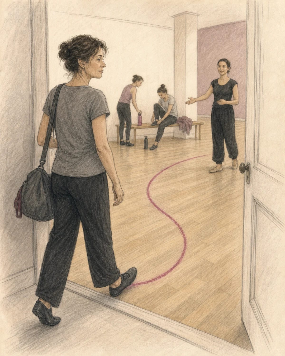 Illustrazione di una principiante adulta che entra in sala nonostante l’imbarazzo