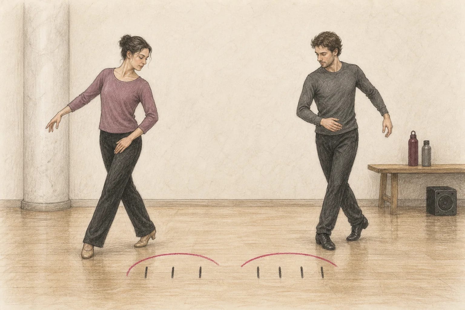 Illustrazione di due ballerini che confrontano tempi musicali diversi durante una lezione