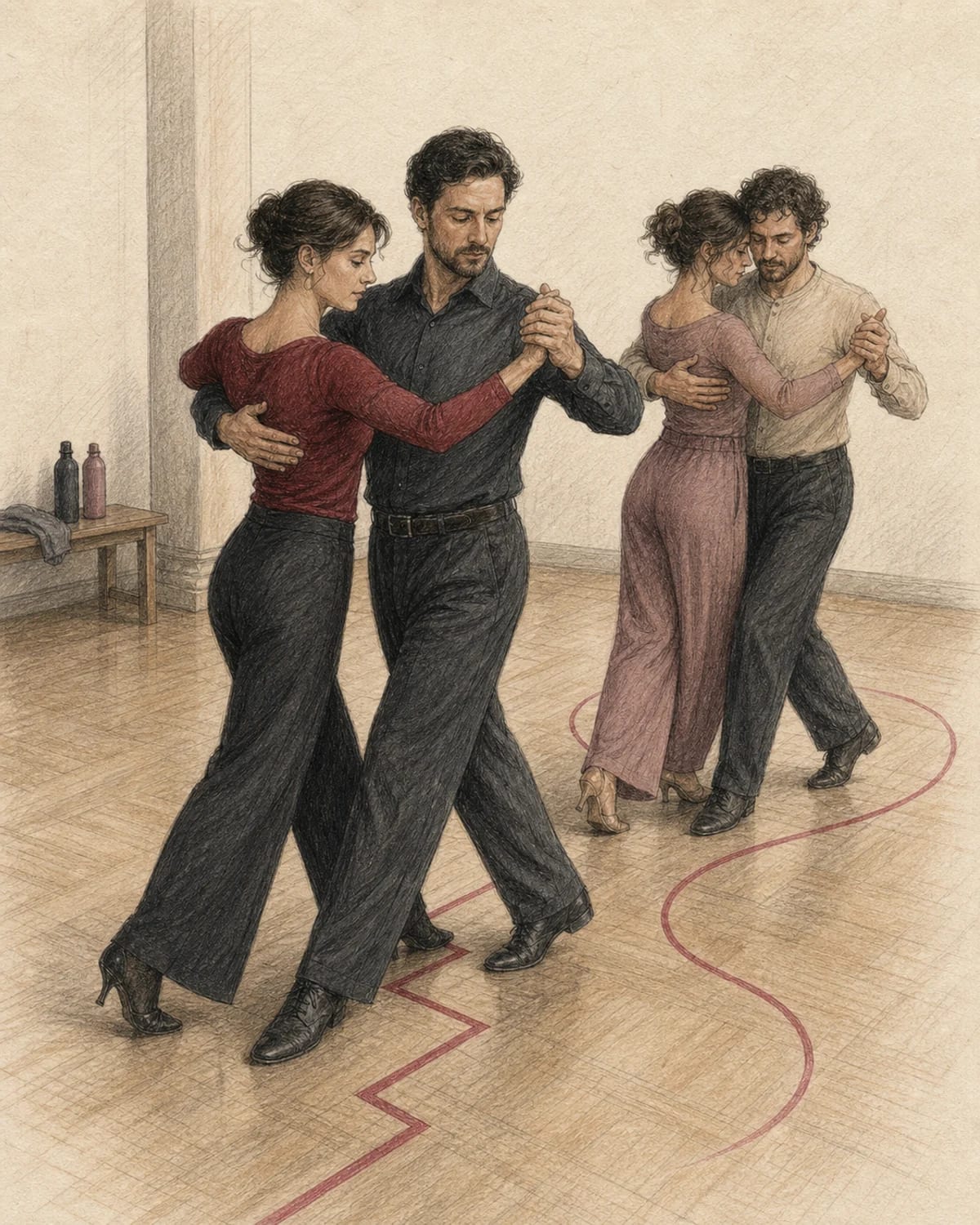 Illustrazione di due coppie che mostrano il Tango Standard e il Tango Argentino