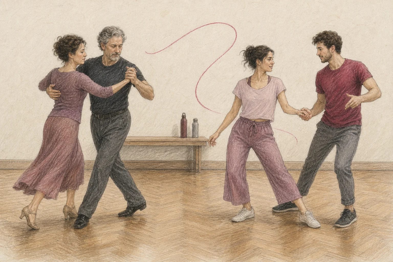 Illustrazione di due coppie che provano stili di ballo con dinamiche diverse