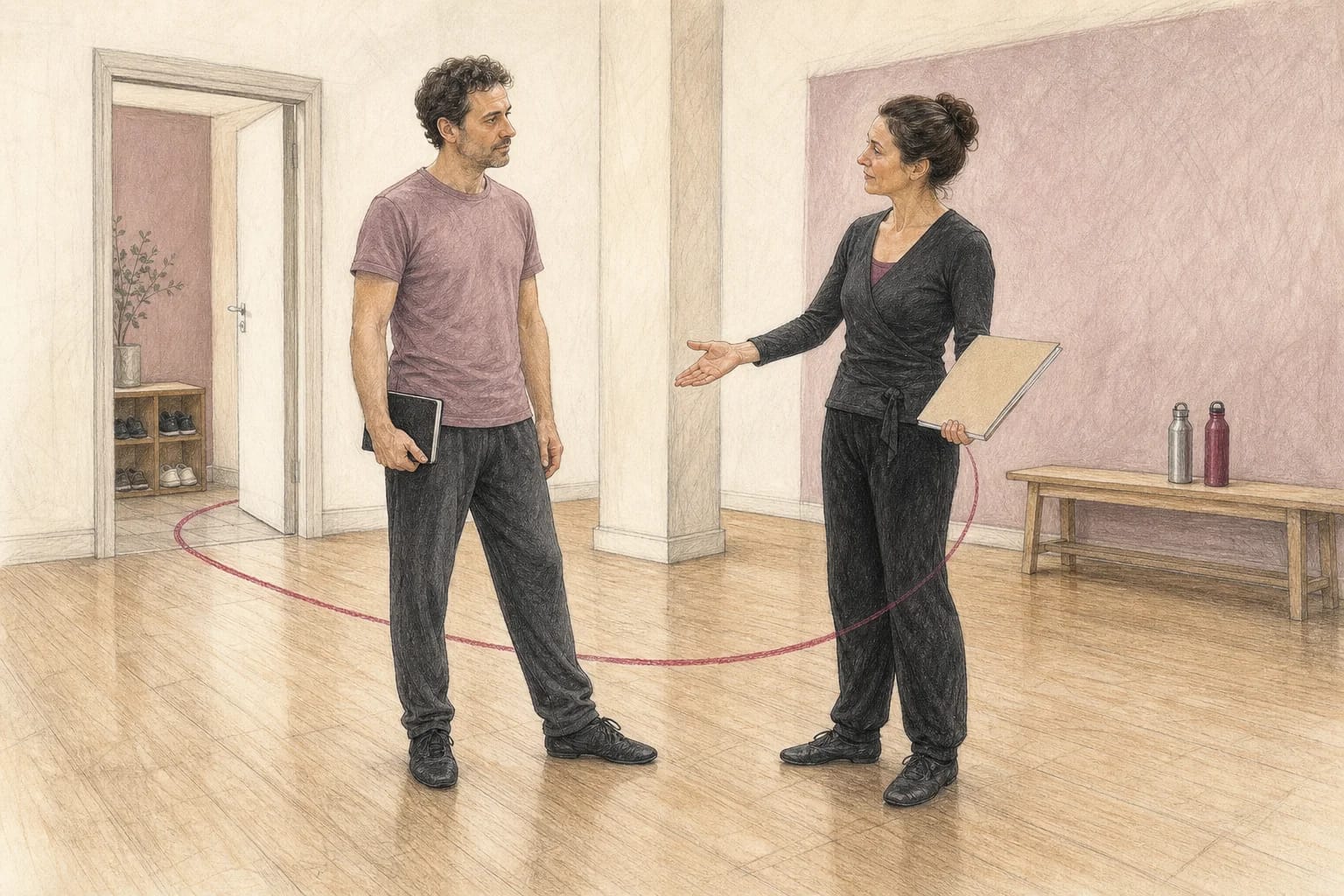 Illustrazione di una principiante che confronta metodo, ambiente e informazioni di una scuola di ballo