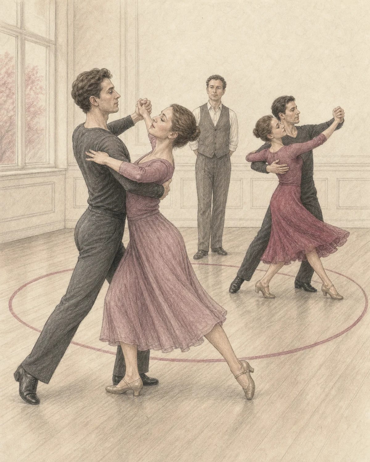 Illustrazione di due coppie che mostrano il movimento ampio del Valzer Inglese e la rotazione del Viennese