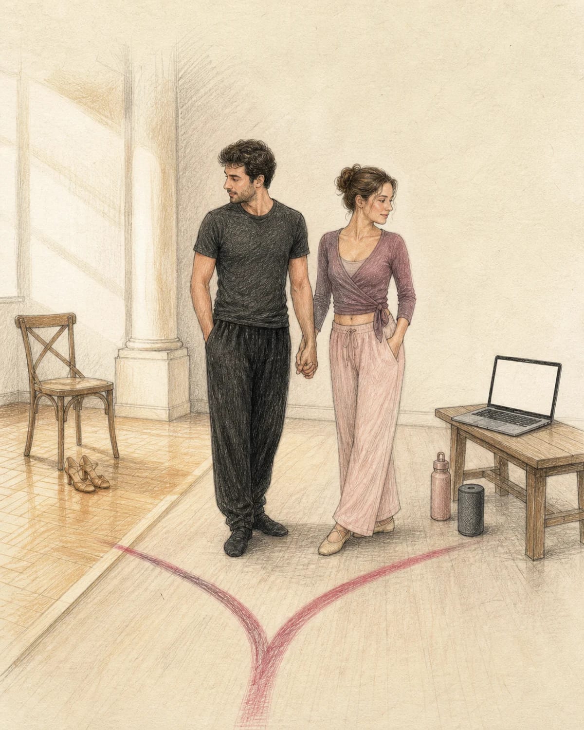 Illustrazione di una coppia che confronta una lezione Wedding Dance in studio con una lezione online