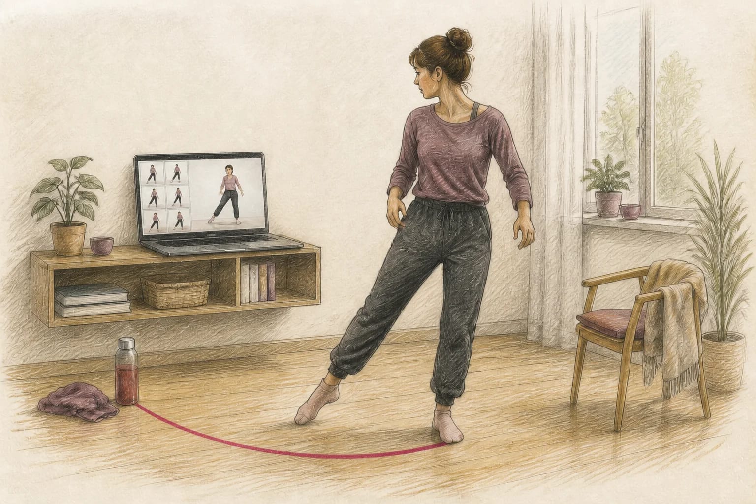 Illustrazione di una donna che studia un passo di ballo davanti a uno schermo