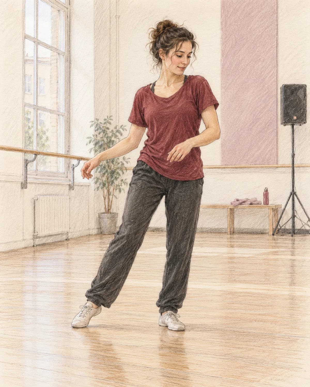 Illustrazione di una partecipante adulta che segue una sequenza di fitness musicale con un passo laterale